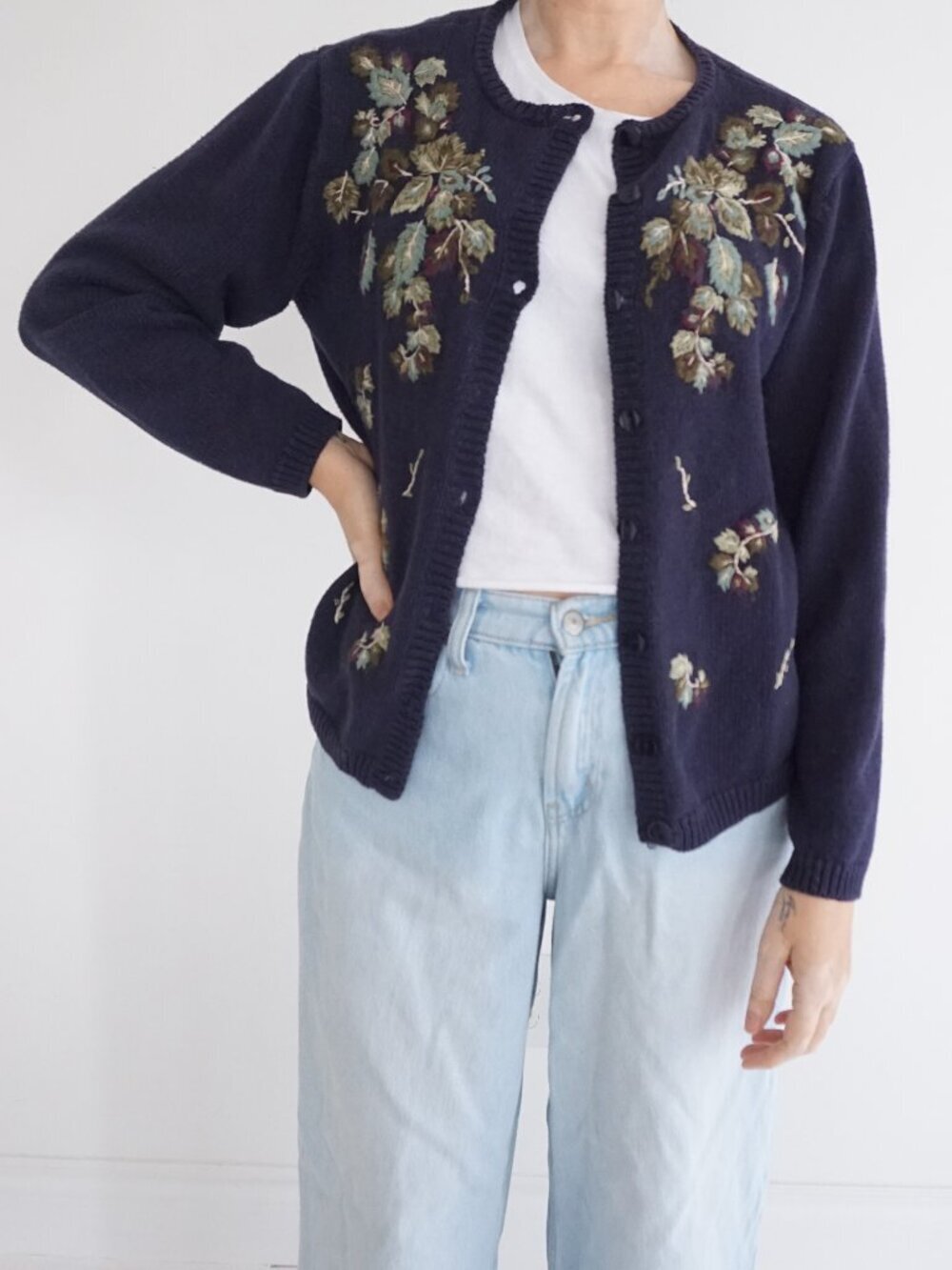 Vintage Dressbarn Navy Floral Embroidered Button Front Cotton Blend Cardigan L